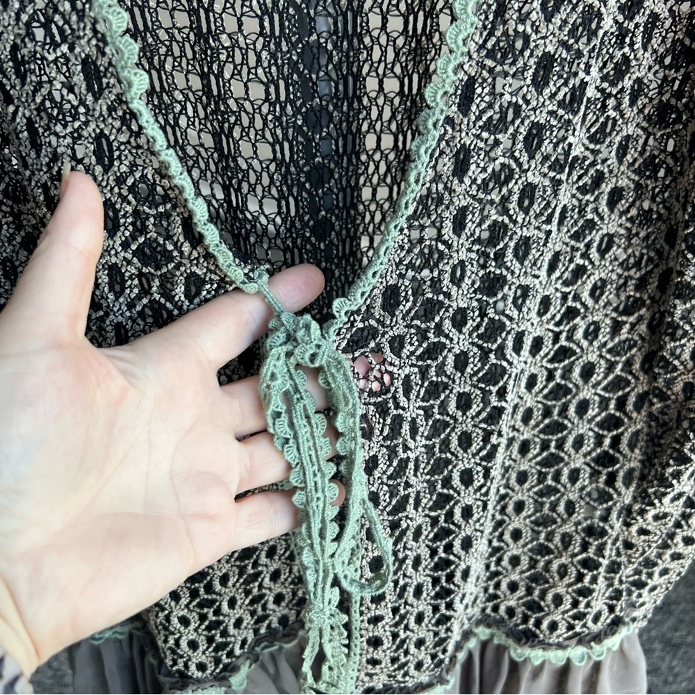 A'Reve Lace Knit Cardigan with Ruffle Hem in Black Gray Beige and Sage - Picture 4 of 8